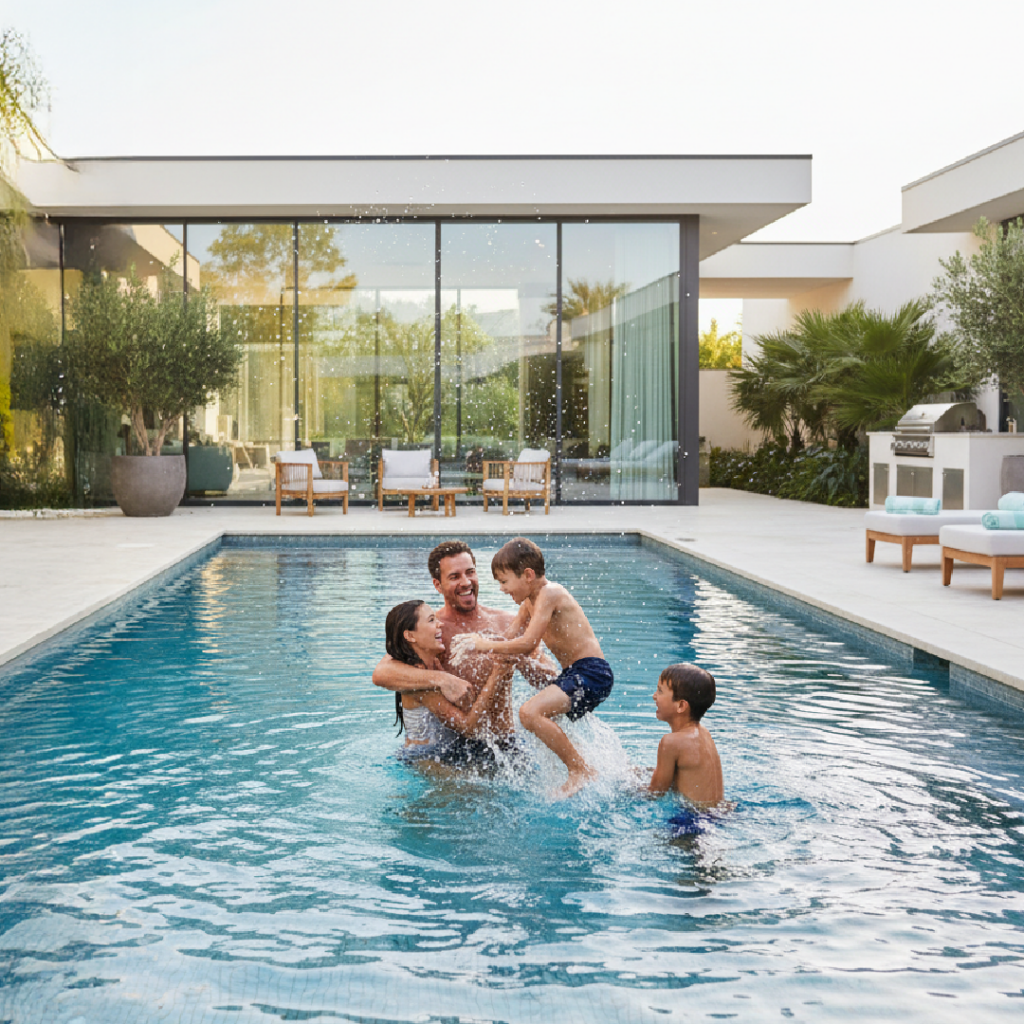 Familia disfrutando de una piscina construida por RA Construcciones, empresa especializada en piletas de material en Rosario y alrededores.