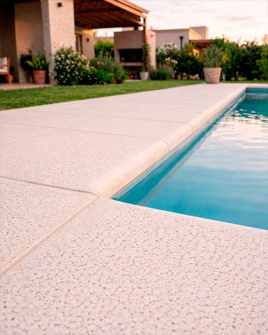 Revestimiento exterior con losetas atérmicas antideslizantes ideal para bordes de piscina y espacios al aire libre