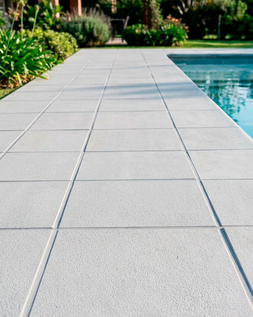 Revestimiento exterior con losetas atérmicas antideslizantes ideal para bordes de piscina y espacios al aire libre