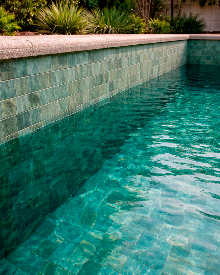 Revestimiento de piscina con piedra Bali natural de acabado húmedo y tonalidades verdes